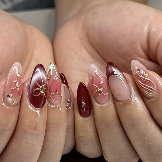 24pcs Shiny Gold Bowknots Press On Nails Wine-red French Style Almond False Nails For New Year Sweet Blush Charming Fake Nail