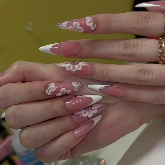 24pcs Stiletto Press on Nails Glitter French Long Almond Fake Nails Simple Golden Lines Design False Nail Wearable Manicure Sets