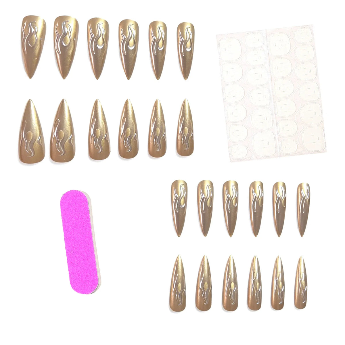 24PCS 3D Chrome Silver Gold Flame Stiletto Press On Nails Metallic Mirror Effect Reusable Fake Nail Art Punk Style False Nails