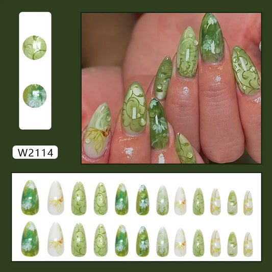24pcs Green Grape Cat's Eye False Nails Ins Style Smudging Flower Pattern Press On Nails Little Fresh Spring Wearable Fake Nail