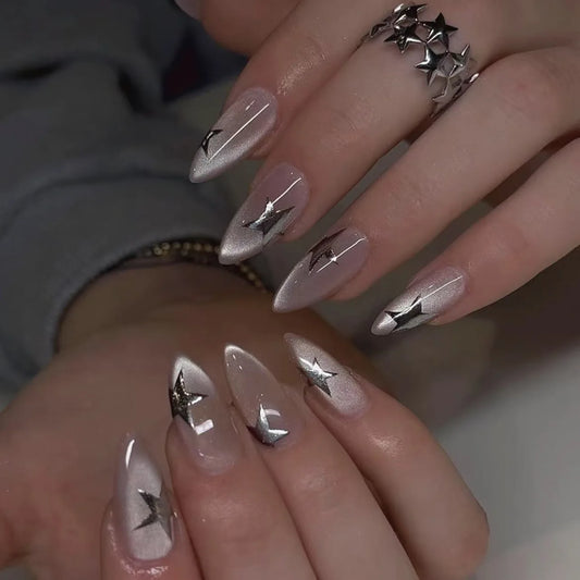 24pcs Nude Color False Nails Pearl Rhinestone Design Cat's Eye Long Almond Press on Nails Tips Wearable Simple Lines Fake Nail