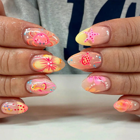 24Pcs Short Almond Nails Set Press on With Love Heart Bow Design False Nails Art Wearable Round Head Full Cover Fake Nails Tips