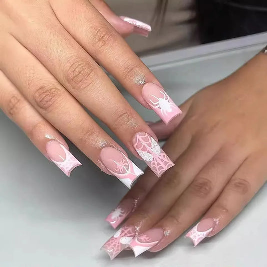 24pcs Pink Spider Web Printed Fake Nails Halloween French Press on Nails Women Full Cover Wearable Coffin False Nail Tips