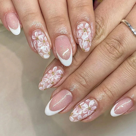 24pcs Flower Short Fake Nail Wearable Oval Almond False Nail with Shiny Powder Press on Nails Pink Full Cover Nail Tips Finished