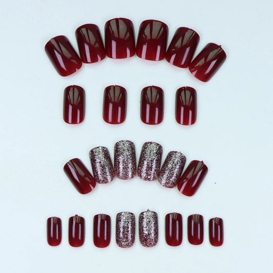 24PCS - Wine Red Square Fake Nails, Silver Glitter Inlay, Exquisite Elegance, Fashion Generous, Suitable for Dating, Dinner