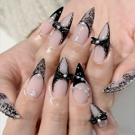 24pcs Gothic Style Fake Nail Tips Black Lace Edge French Tips Y2k Almond False Nails With Pearl Bowknots Decor Press On Nail
