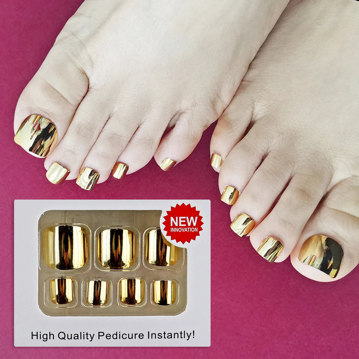 24 pcs Glossy Gold Silver Metallic Mirror Press On Chrome Toenails Short Square Fake Toenails for Women and Girls