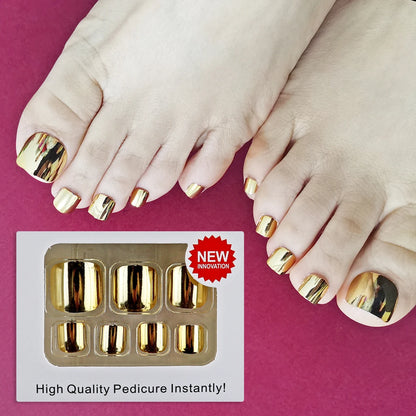 24 pcs Glossy Gold Silver Metallic Mirror Press On Chrome Toenails Short Square Fake Toenails for Women and Girls