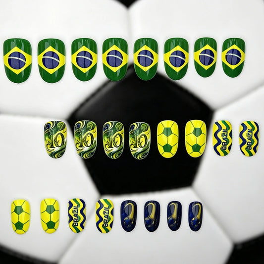 2026 Football Fan Press On Nails For World Cup Nail Soccer Match False Nails Short Almond 24Pcs Nail Art For Women Fans