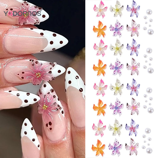 Nail Art Decorations Set Leopard Lily Ice Flower Mixed Pearl Resin Nail Accessories for Summer Manicure Fashion DIY Women Girls