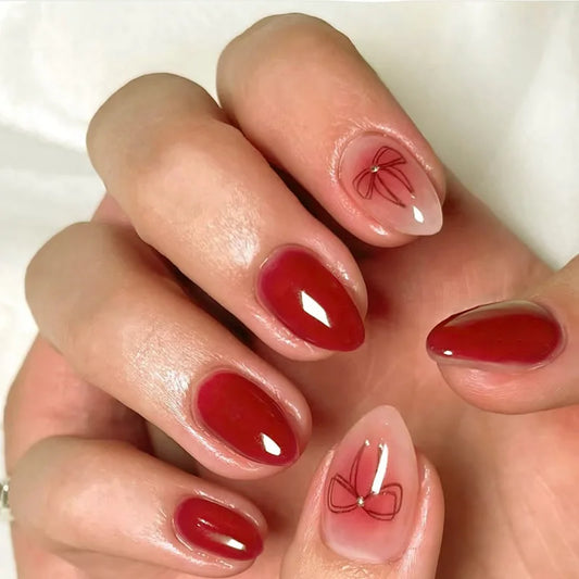 24pcs Red Full Cover Nail Tips with Simple Bow Design False Nails Short Almond Fake Nail Wearable Press on Nails Sets Finished