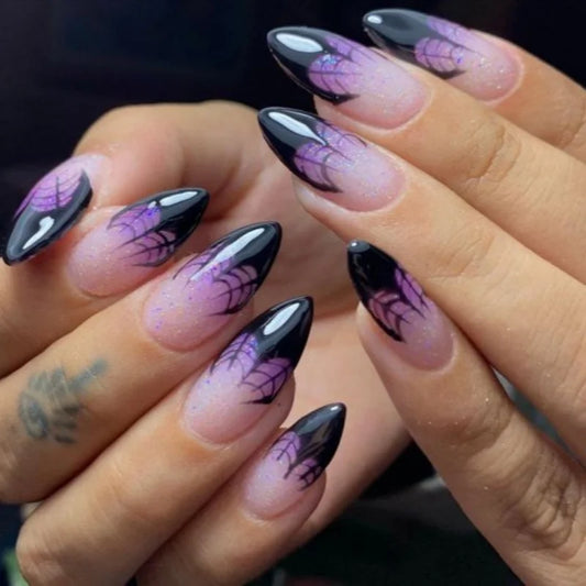 24Pcs Spider Web French Design Fake Nail Mid-length Almond Press on False Nails Purple Gradient Detachable Full Cover Nails Tips