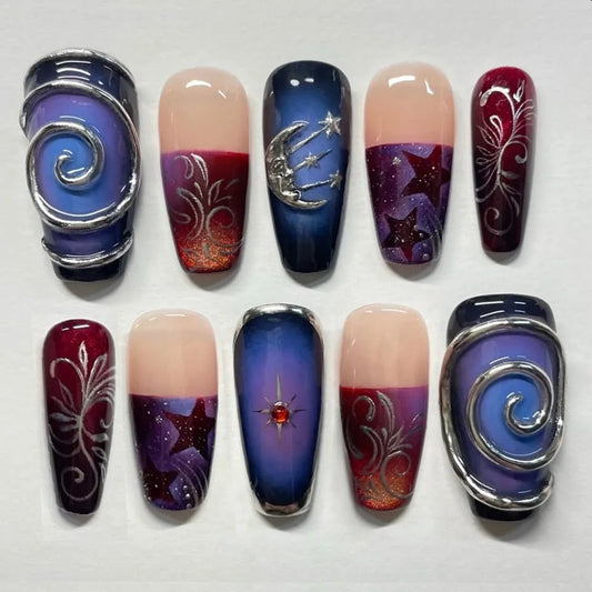 30pcs Sweet Cool Long Coffin False Nails Glossy Star Moon Cyberpunk Style Press on Nails Wearing Detachable Fake Nail Tips