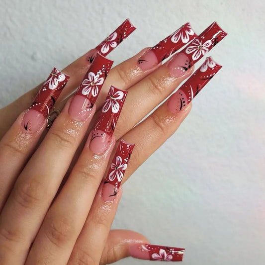 24Pcs Long Square Head Press on Fake Nails with Red French White Flower False Nails Detachable Artificial Full Cover Nails Tips