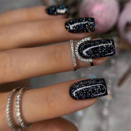 24pcs Shiny Powder Full Cover Nail Tips Black Short Square False Nails Art Reusable Ballet Fake Nail Set Press on Nails Finished