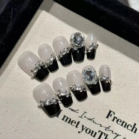 10pcs high-end Light luxury style, hand-painted three-dimensional round diamond, dazzling cat-eye handmade fake nails