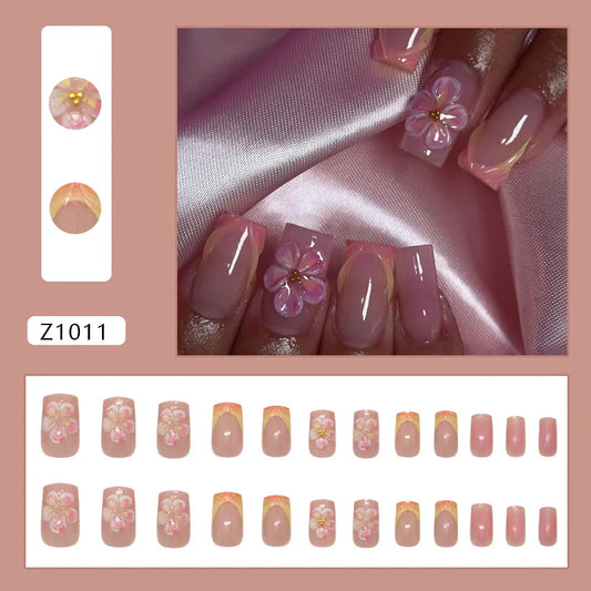 24pcs Gradient French Style Press On Nails Stereo Watter Ripple Carving Flower Decor False Nail Detachable Blush False Pink Nail