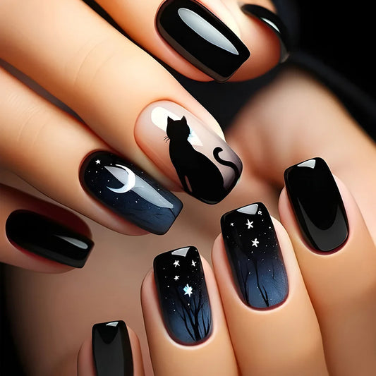 24Pcs Short Black Square False Nails with Glue Gold Foil Nail Design Autumn Winter Press on Acrylic Nail Manicure Tips for Girls