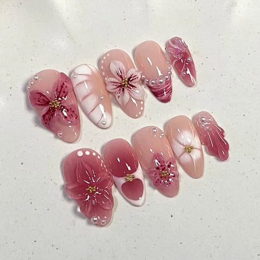 24Pcs Sweet Cool Almond Nail Set Press on Acrylic Nails 3D Floral Butterfly Fake Nail Full Cover French Tip Artificial Nails Art