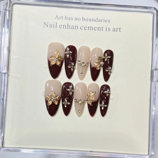 10Pcs Handmade Elegant French Detachable Fake Nails 3D Golden Flower Rhinestone Design Almond Nail Tips Art Beauty Nail Stickers