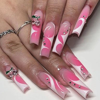 24Pcs Long Square Head French Fake Nail Tips 3D Love Heart Design Press on Nails with Rhinestone Pattern Wearable False Nail Art