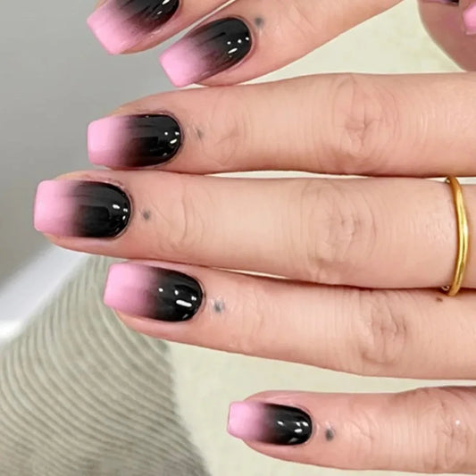 24pcs Simple Square Fake Nail Gradient Pink Black Design Full Cover Nail Tip French Nails Sets Press on Short Ballet False Nails