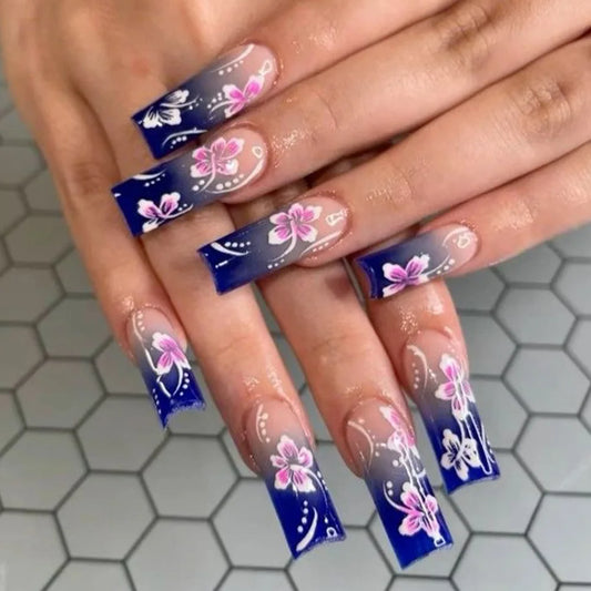 24Pcs Blue Long Coffin Fake Nails Gradient Color Press on Nails Elegant Pink White Flower Designs Reusable False Nails for Women