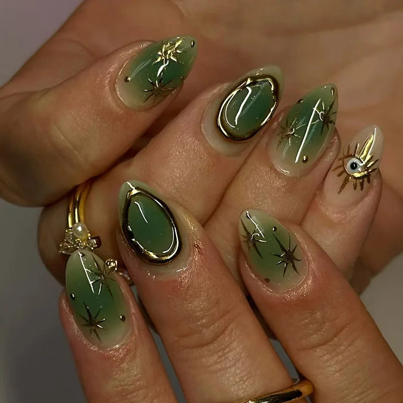 24Pcs Short Almond Fake Nails Butterfly Wings Nail Art with Glue Glitter Flower False Nails Acrylic Autumn Winter Press on Nail