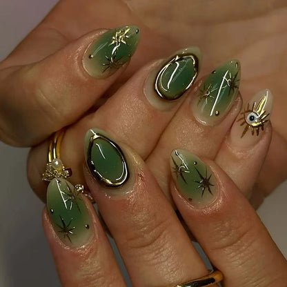 24Pcs Short Almond Fake Nails Butterfly Wings Nail Art with Glue Glitter Flower False Nails Acrylic Autumn Winter Press on Nail