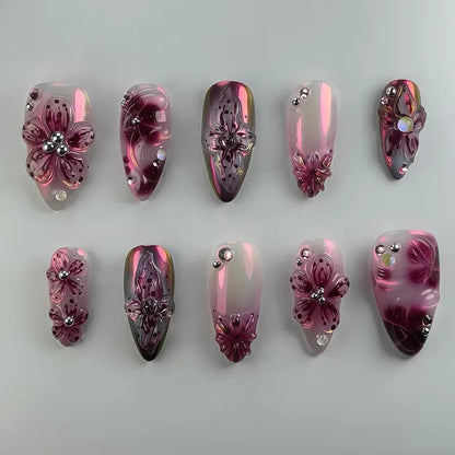 24Pcs Mid-length Almond Press on Fake Nails with Insect Flower Button Design Full Cover Nails Tips Reusable Finished False Nails