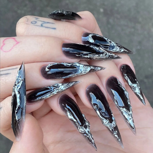 24pcs Y2k Black Fake Nails Sets Press on Spicy Girl Long Stiletto Nails Tips Argent Smudge Design False Nail Wearable Manicure