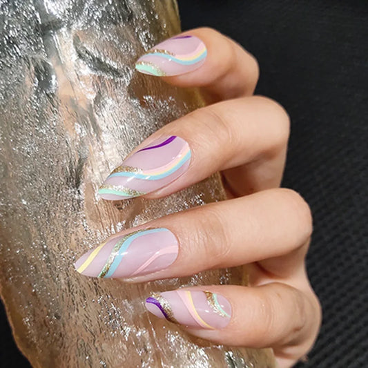 24Pcs Simple Valentine's Day Heart Nail Stickers French Glitter Rhinestone Pink False Nails Almond Nails Art Finished Manicure