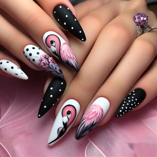 24pcs Datachable Press on Nails Long Stiletto False Nail with Ins Flower Bird Design Manicure Black White Almond Fake Nails Art