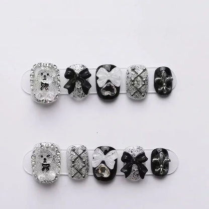 10pcs high-end Cute little bear bow heart handmade fake nails, Grey nail art