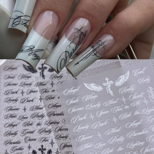 Black and White Letter Words Nail Stickers - Angel Wings letter Mixed Designs Holographic Y2K Nail Decals Simple DIY Nails Art
