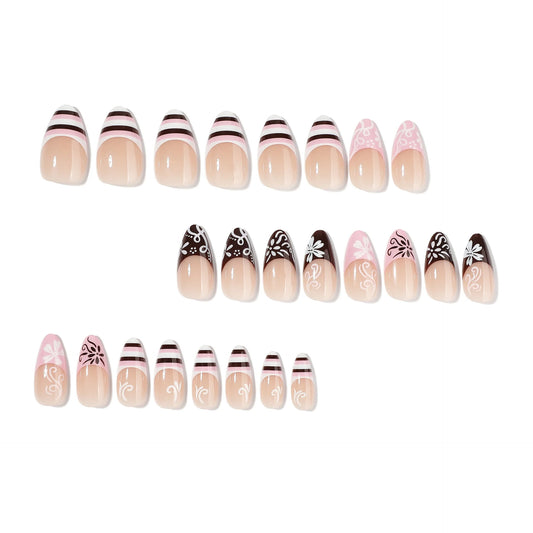 24pcs Pink French Fake Nails Flower Stripe Printed Almond Press on Nails Summer Simple Fake Nail Tips for Girl Women Wearable