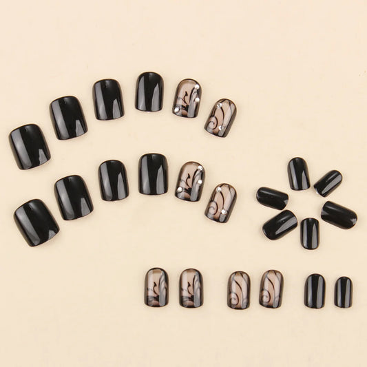 24PCS Press on Nails Gothic Black Vine Fake Nail Almond Shape Ins Style Dark Elegant Vintage False Nails for Women Edgy Manicure
