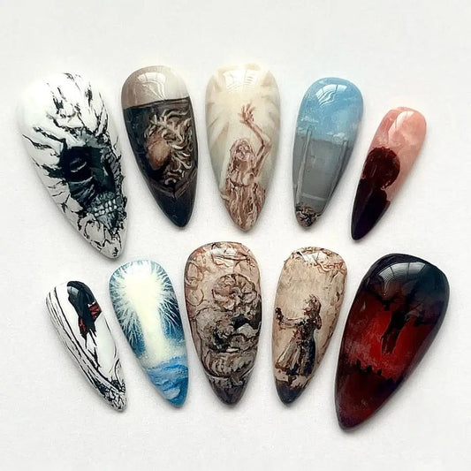 10pcs French Style Almond Fake Nails Hell's Angels Dark Halloween Theme Press On Nails Full Cover Party Wearable False Nail