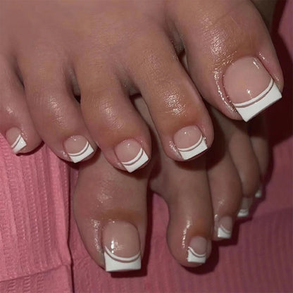 White French Fake Toenails with Rhinestone Design False Toenails for Girls Women Acrylic Toe Nail Tips Full Cover Wearable 24pcs