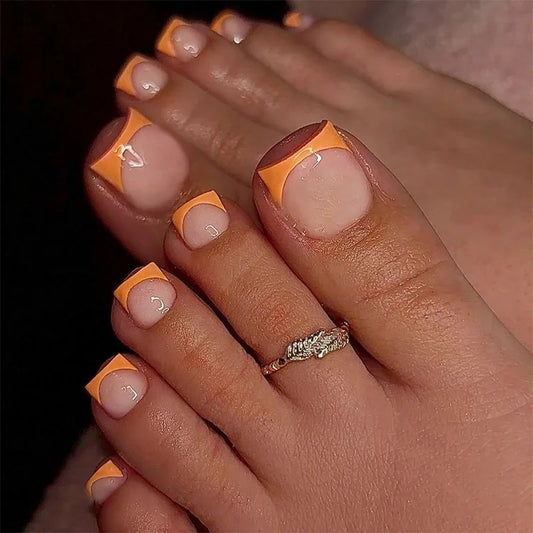 INS Simple White French False Toe Nails 24Pcs Summer Wearable Square Fake Toenails For Women Lady Reusable Nude Press on Toenail