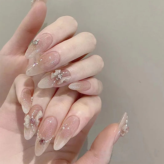 30pcs Shiny Powder False Nails Sweet Korean Bow Rhinestone Decor Press on Nails Full Cover Wearable Acrylic Nails Patch for Lady