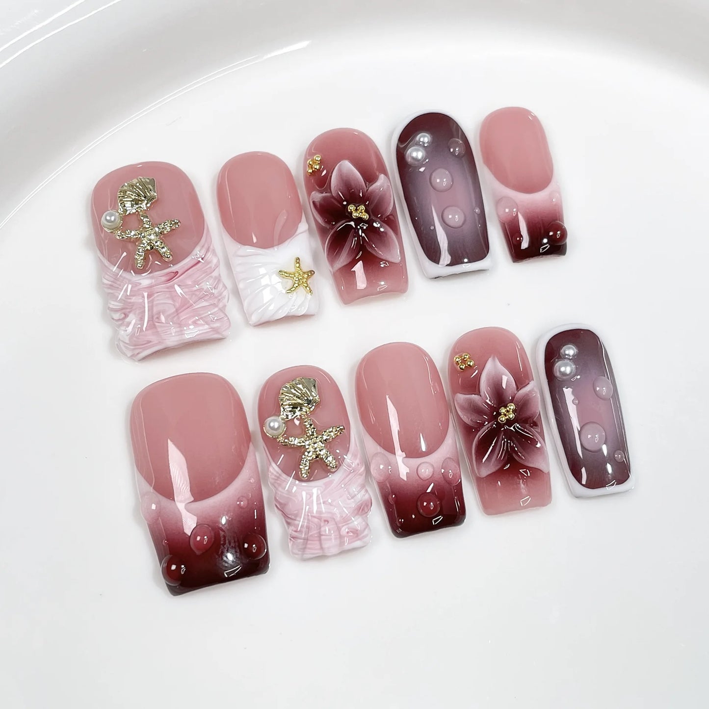 10Pcs Mid-length Coffin Handmade Nail Tips Set French Gradient Sea Star Shell Decorations Wearable Acrylic Nails for Spice Girls