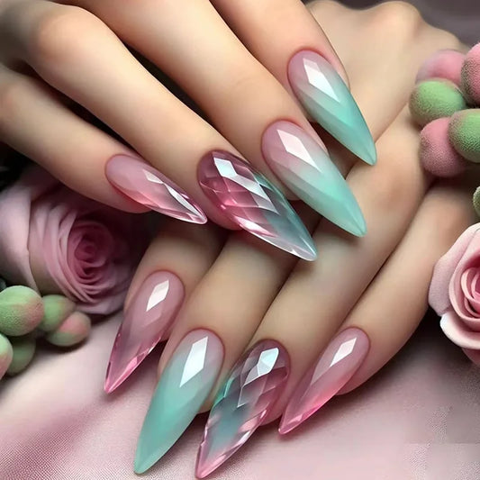 24Pcs Mid-length Almond Full Cover Nails Tips Green Pink Gradient Cat's Eye Fake Nails Detachable Finished Press on False Nails