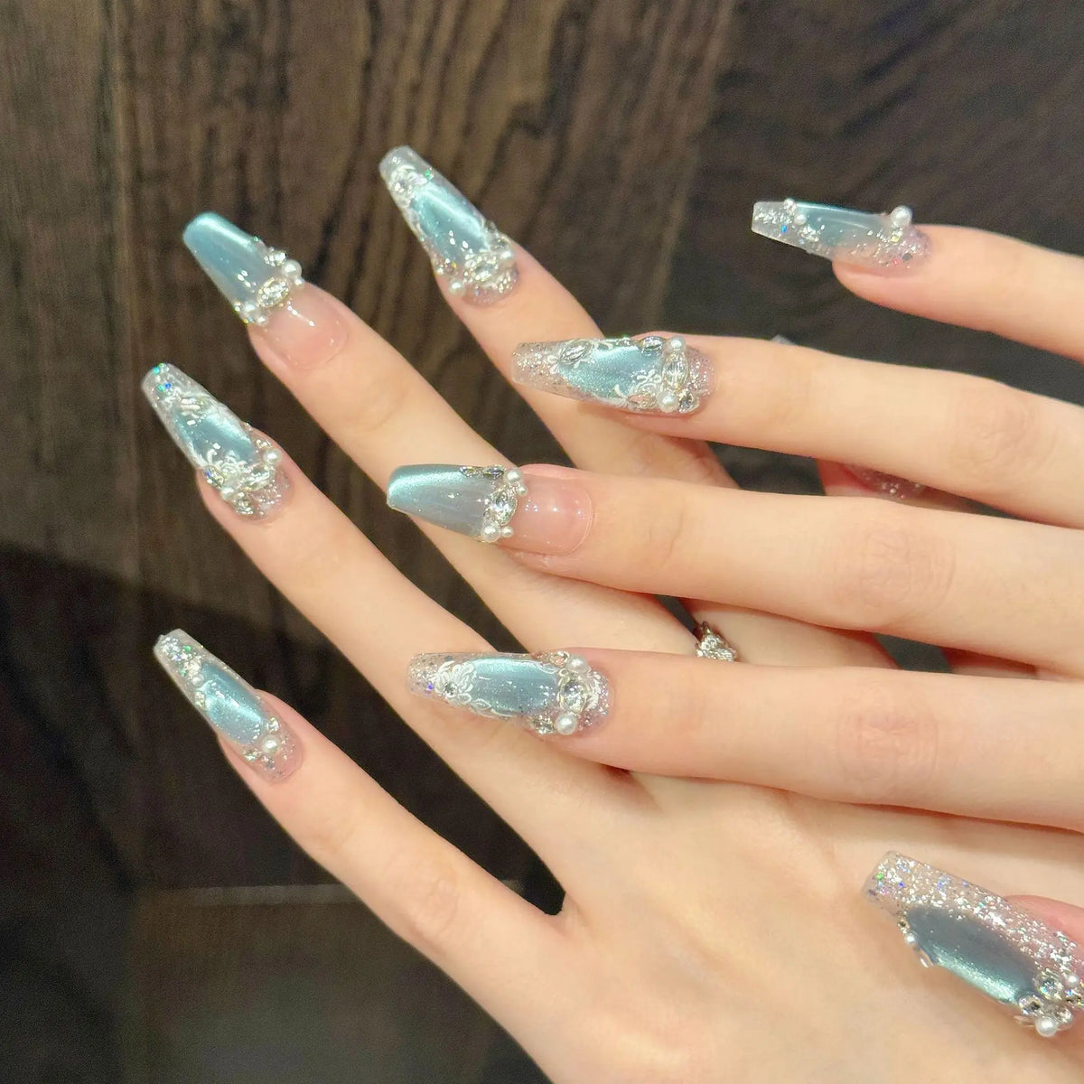 10pcs Handmade Press On Nails Ice Transparent Blue Crystal Cat's Eye False Nails Pearl Flash Sequins Rhinestone Decor Fake Nail