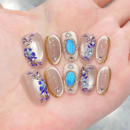 24Pcs Short Almond Reusable Fake Nail Pink Cat's Eye Design False Nails Press on Bow Heart Star Rhinestone Full Cover Nails Tips