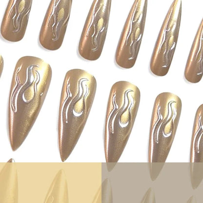 24PCS 3D Chrome Silver Gold Flame Stiletto Press On Nails Metallic Mirror Effect Reusable Fake Nail Art Punk Style False Nails