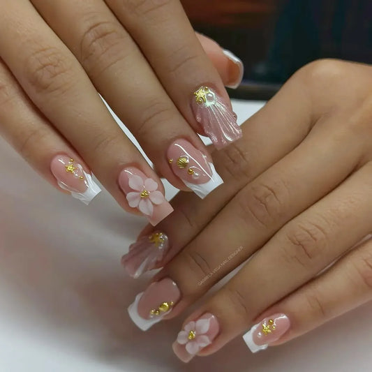 24Pcs Mid-length White French Square Fake Nails Press on 3D Flower Pearl Shell False Nails with Cat's Eye Wearable Manicure Tips