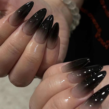 24Pcs Black Glossy French Simple Gradient Press on Nails Art Set Mid-length Almond Fake Nails Wearable Fashion Acrylic Nail Tips