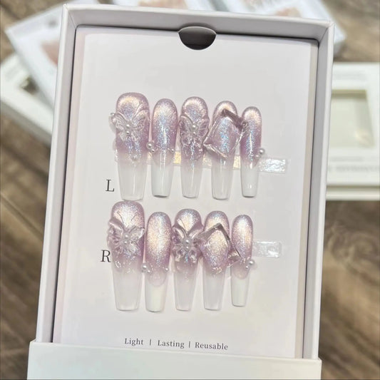 10Pcs Handmade Long Ballet Fake Nails Full Cover Purple Butterfly Nail Art with Glitter Cat Eye Design Wearable French Manicure