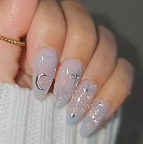24Pcs Light Blue Smudge Fake Nails Press on Almond Gold Leaf Removable Long Full Cover Nail Tips Wearable Finished Nail Art